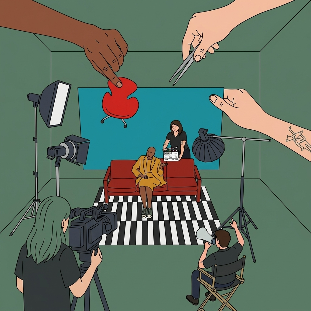 Figure holding an oversized framed portrait, the Multi-Brand persona