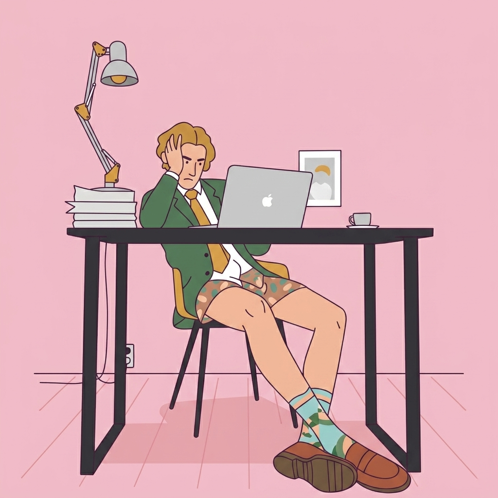 Seated figure at a café table, hand on chin, the Doubter persona